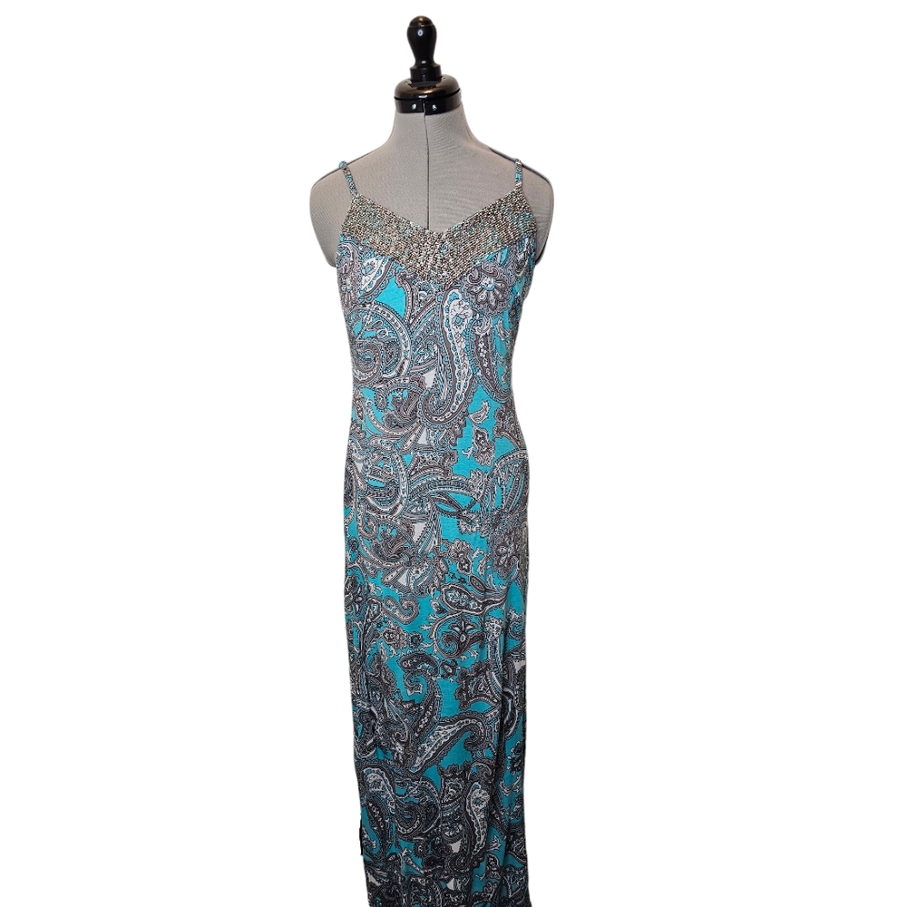 Aqua Blue Turquoise Paisley Beaded Strappy Maxi Dress w/Silver Beads (Size: S)